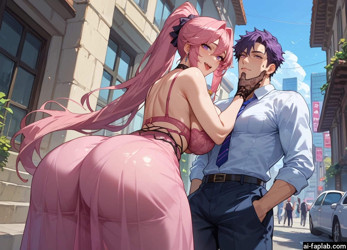 1girl, ass, breasts, pink hair, gloves, 1boy
