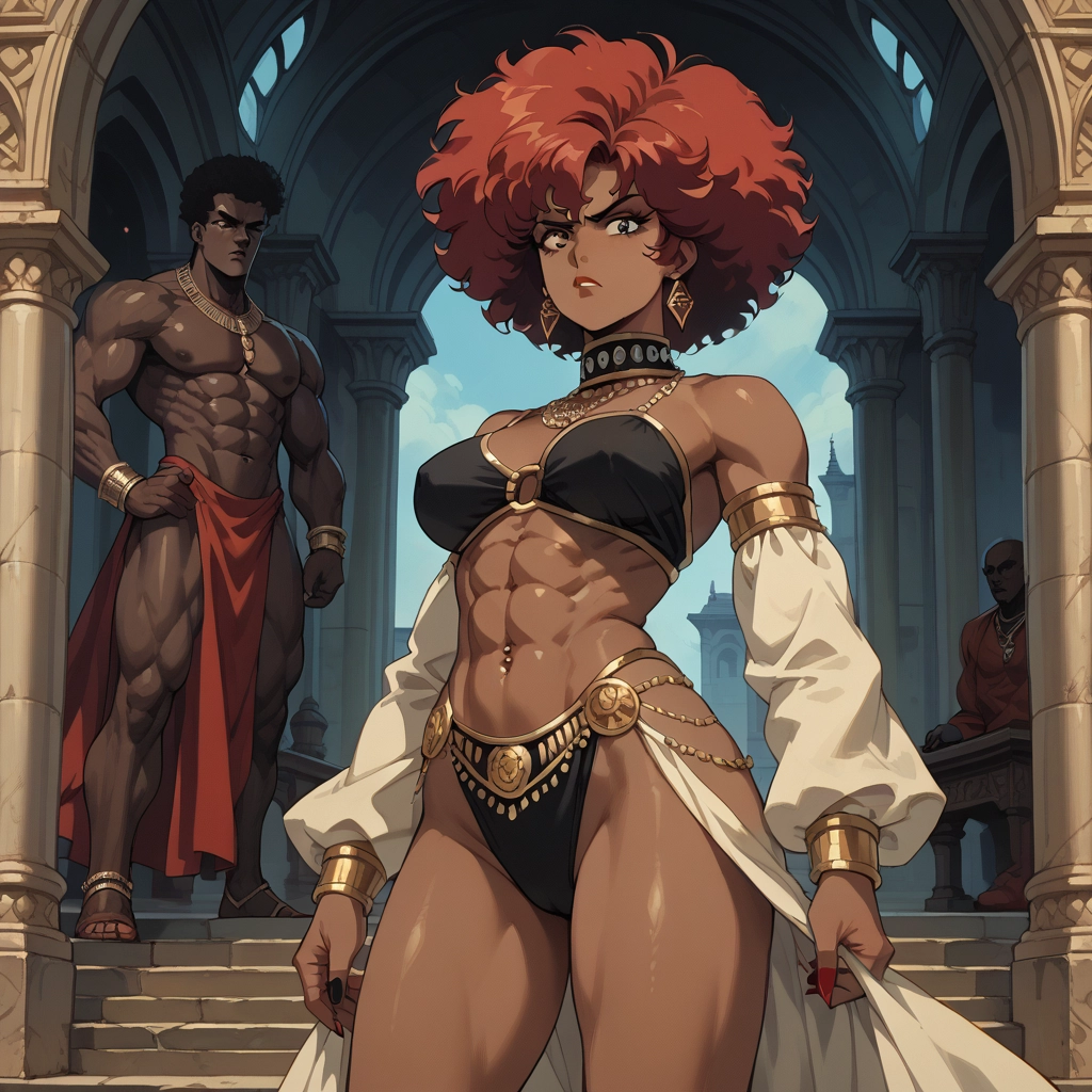 dark skin, jewelry, abs, earrings, dark-skinned female, red hair · Yamete.gg