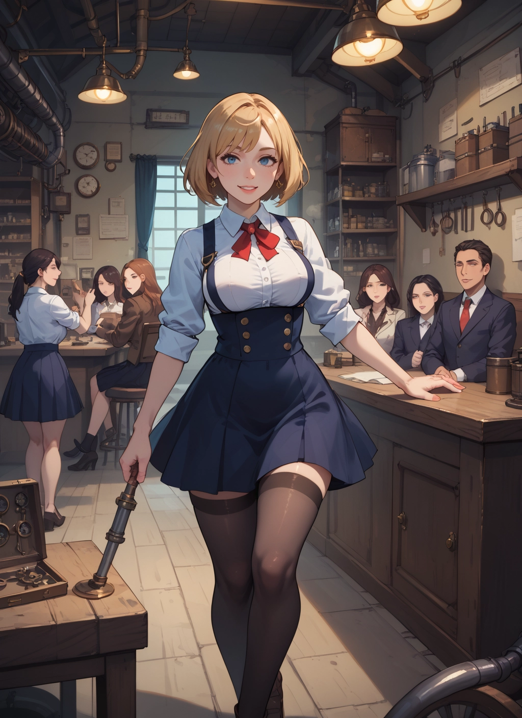 multiple girls, thighhighs, blonde hair, blue eyes, skirt, smile · Yamete.gg