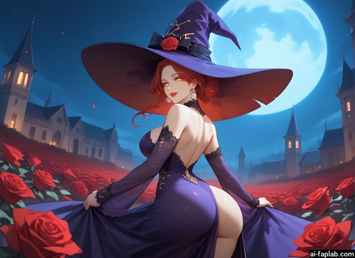 1girl, hat, witch hat, ass, moon, flower · Yamete.gg