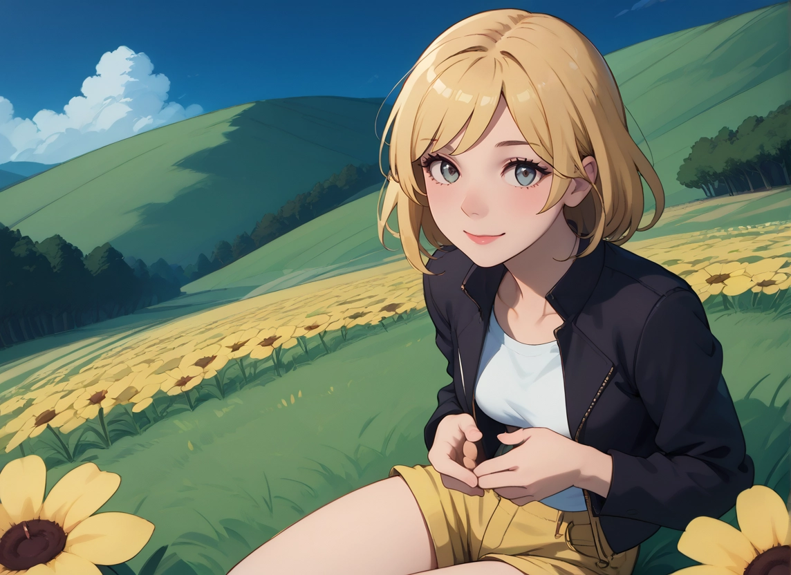 1girl, flower, solo, shorts, blonde hair, jacket · Yamete.gg