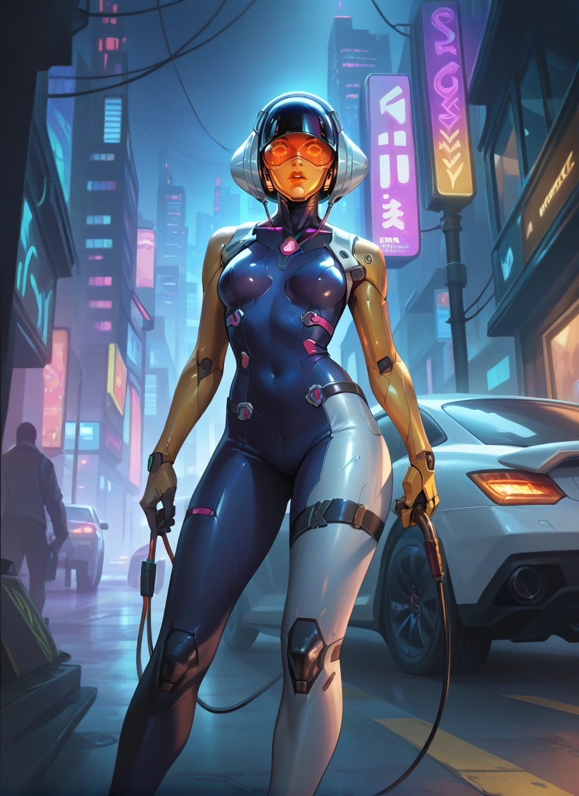 1girl, cyberpunk, motor vehicle, car, bodysuit, ground vehicle · Yamete.gg