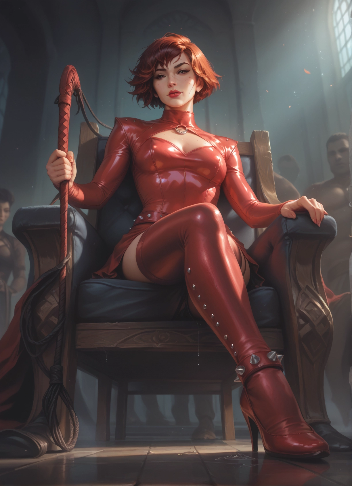 1girl, thighhighs, sitting, high heels, short hair, boots · Yamete.gg