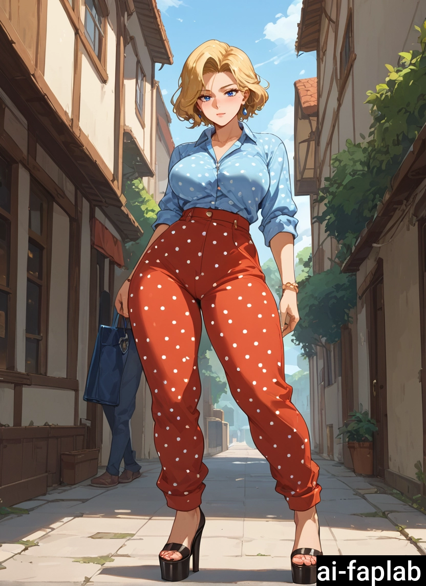 1girl, blonde hair, blue eyes, shirt, high-waist pants, earrings