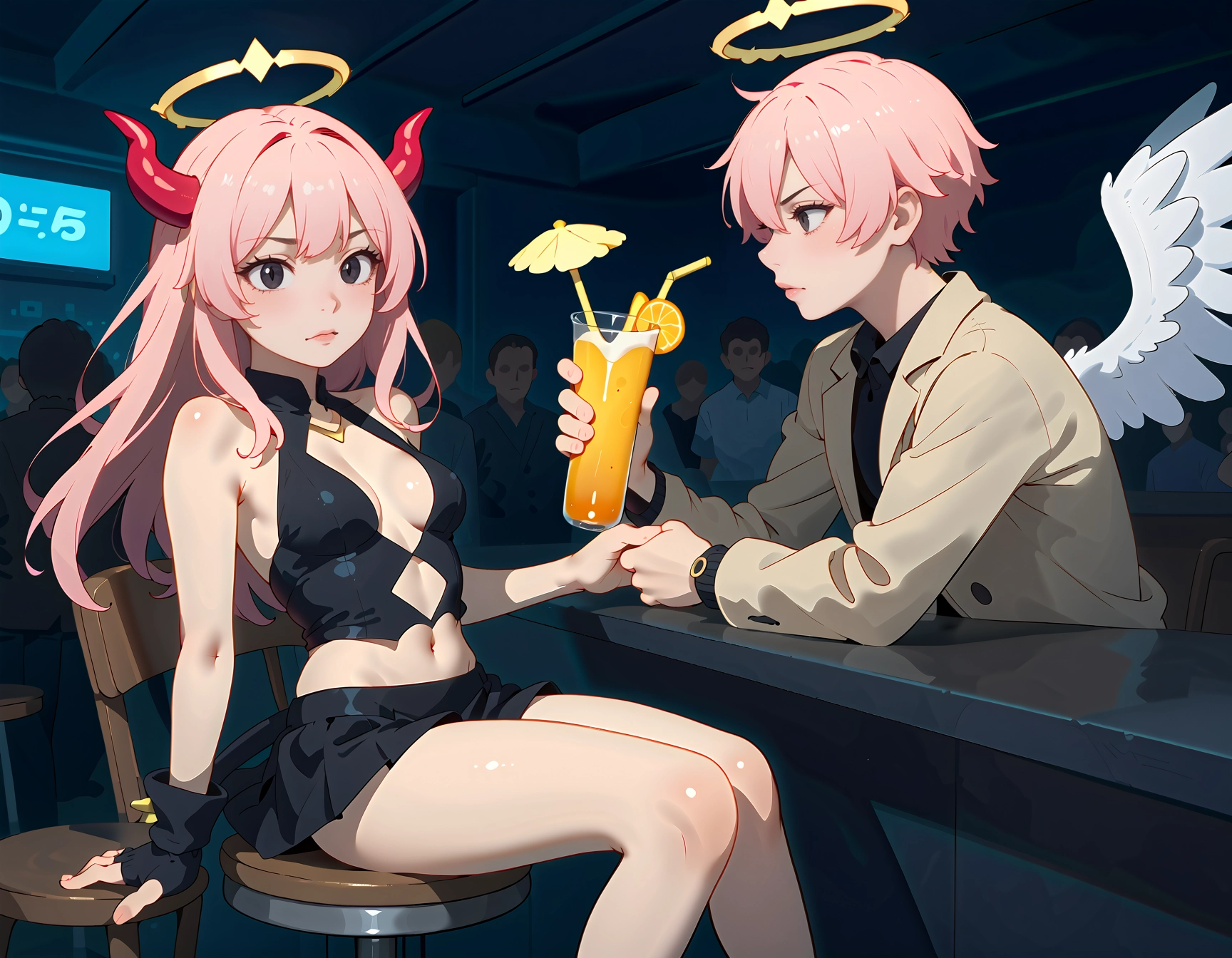 halo, 1girl, sitting, pink hair, long hair, black skirt · Yamete.gg