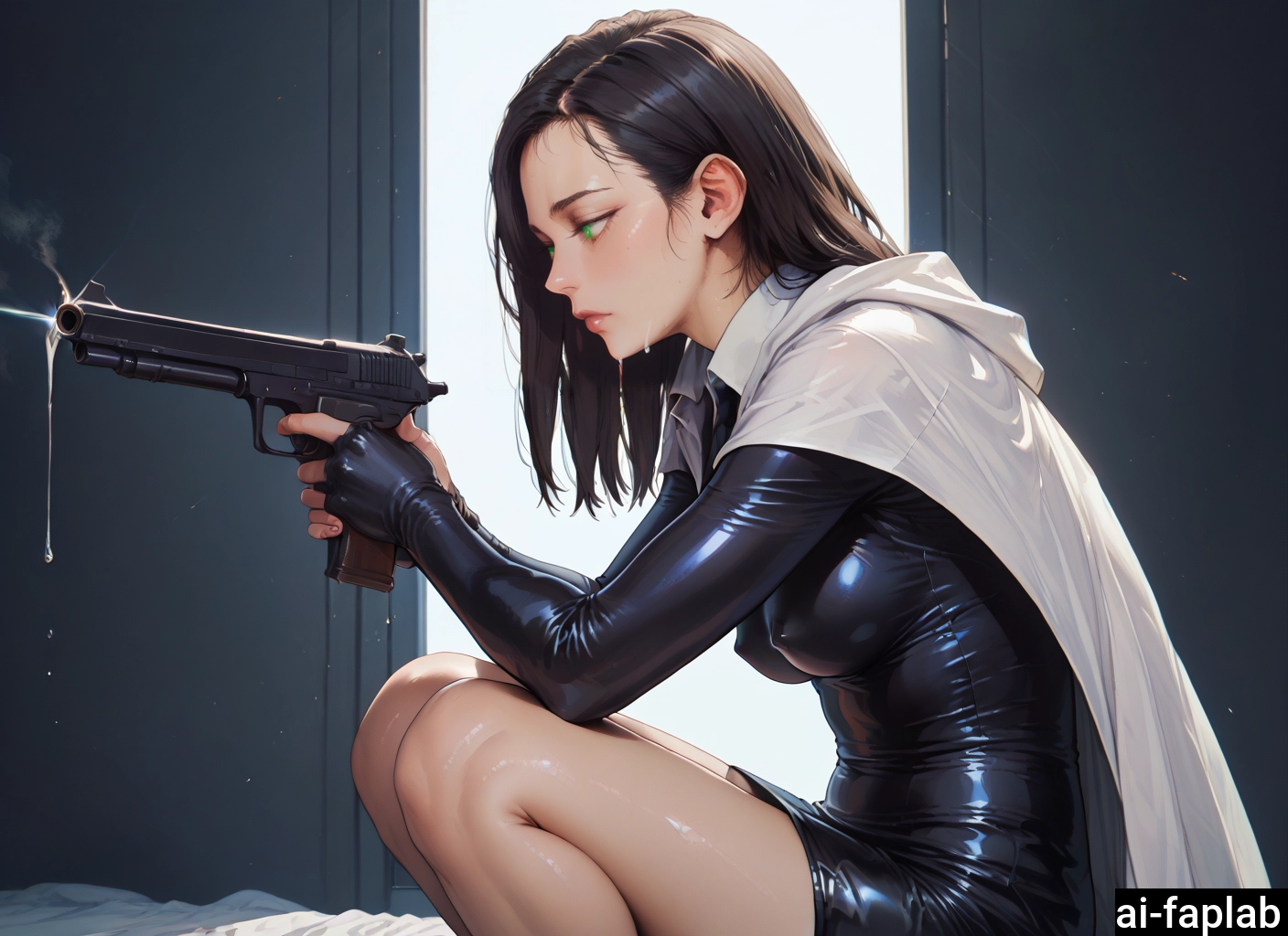 1girl, shiny clothes, latex, weapon, solo, green eyes · Yamete.gg