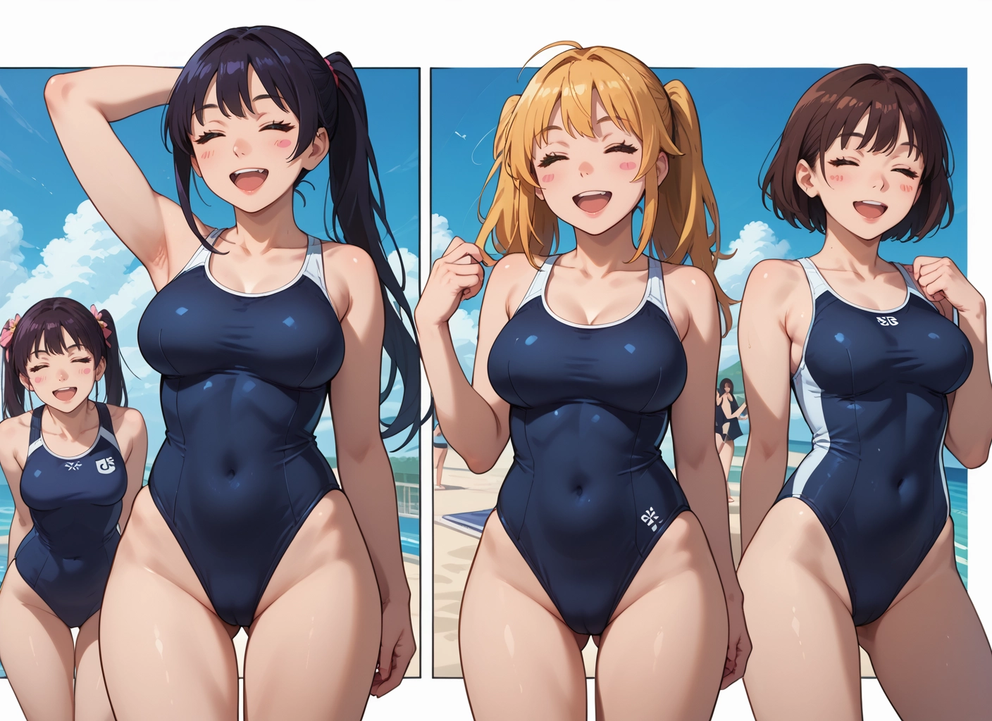 swimsuit, breasts, multiple girls, one-piece swimsuit, closed eyes, open mouth