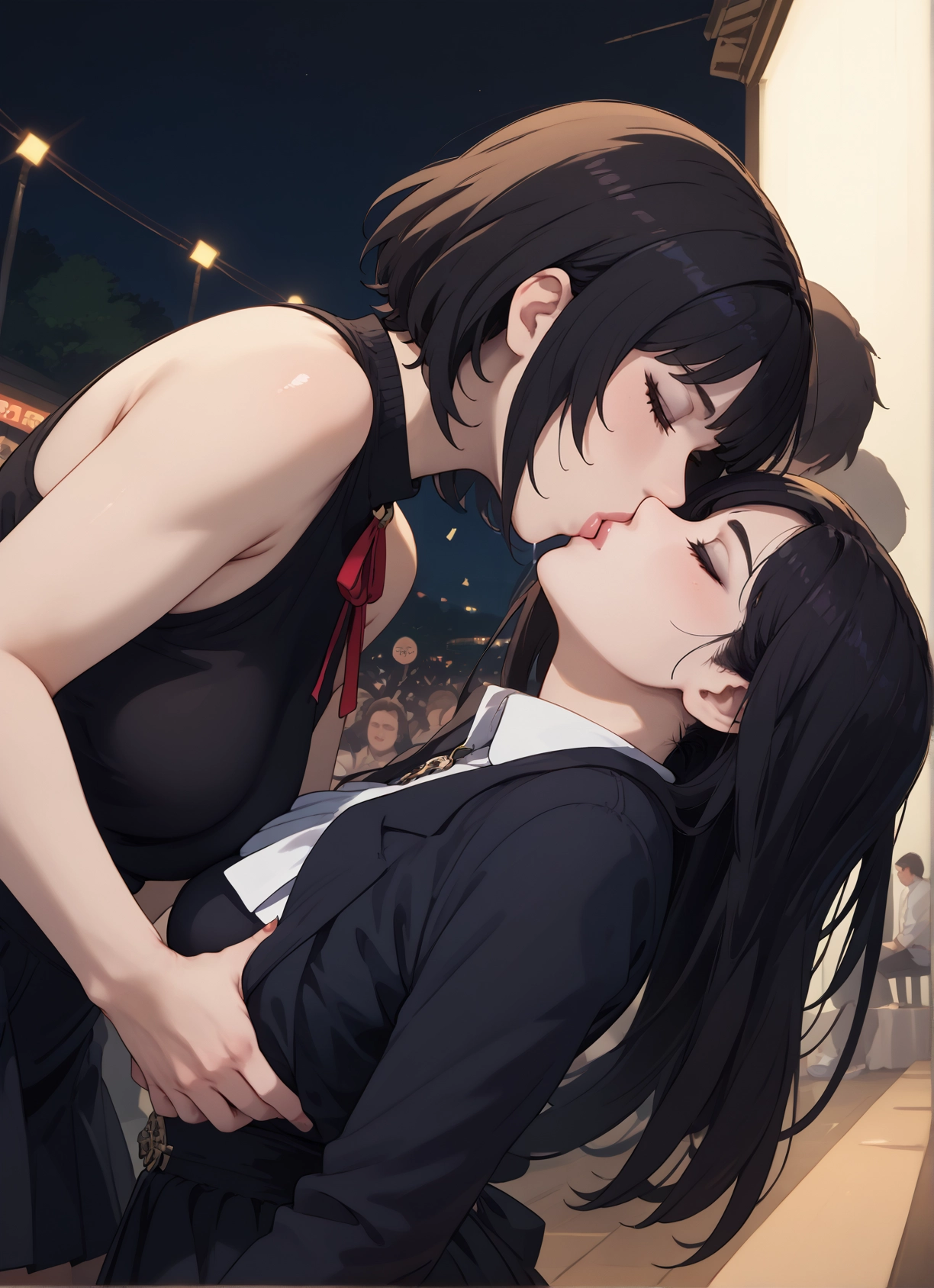 kiss, yuri, closed eyes, multiple girls, long hair, breasts · Yamete.gg