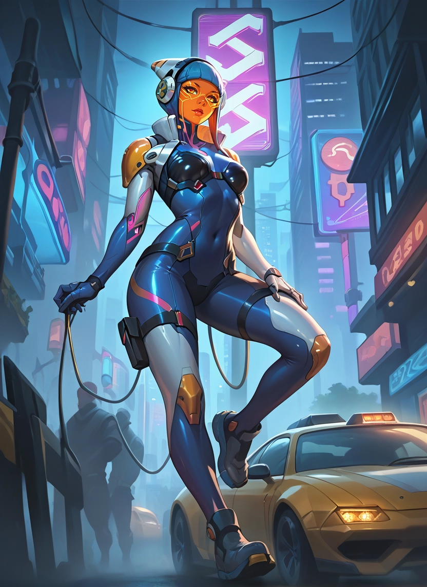 1girl, car, motor vehicle, bodysuit, ground vehicle, cyberpunk · Yamete.gg