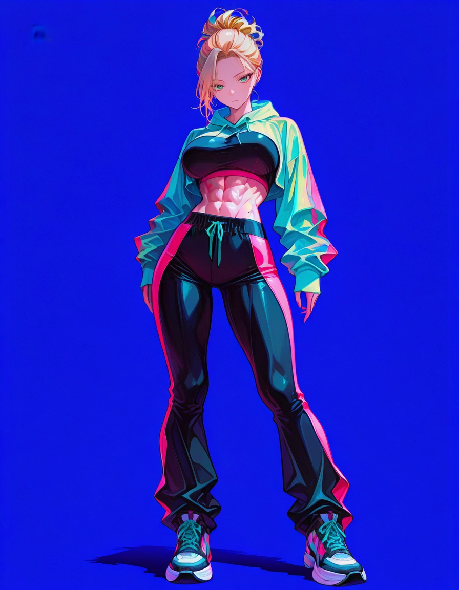 1girl, solo, blonde hair, abs, breasts, pants · Yamete.gg