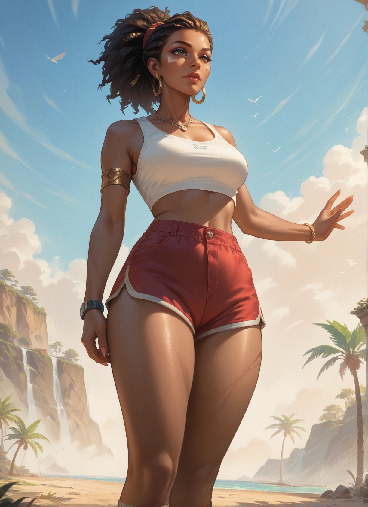 1girl, jewelry, solo, earrings, shorts, breasts · Yamete.gg