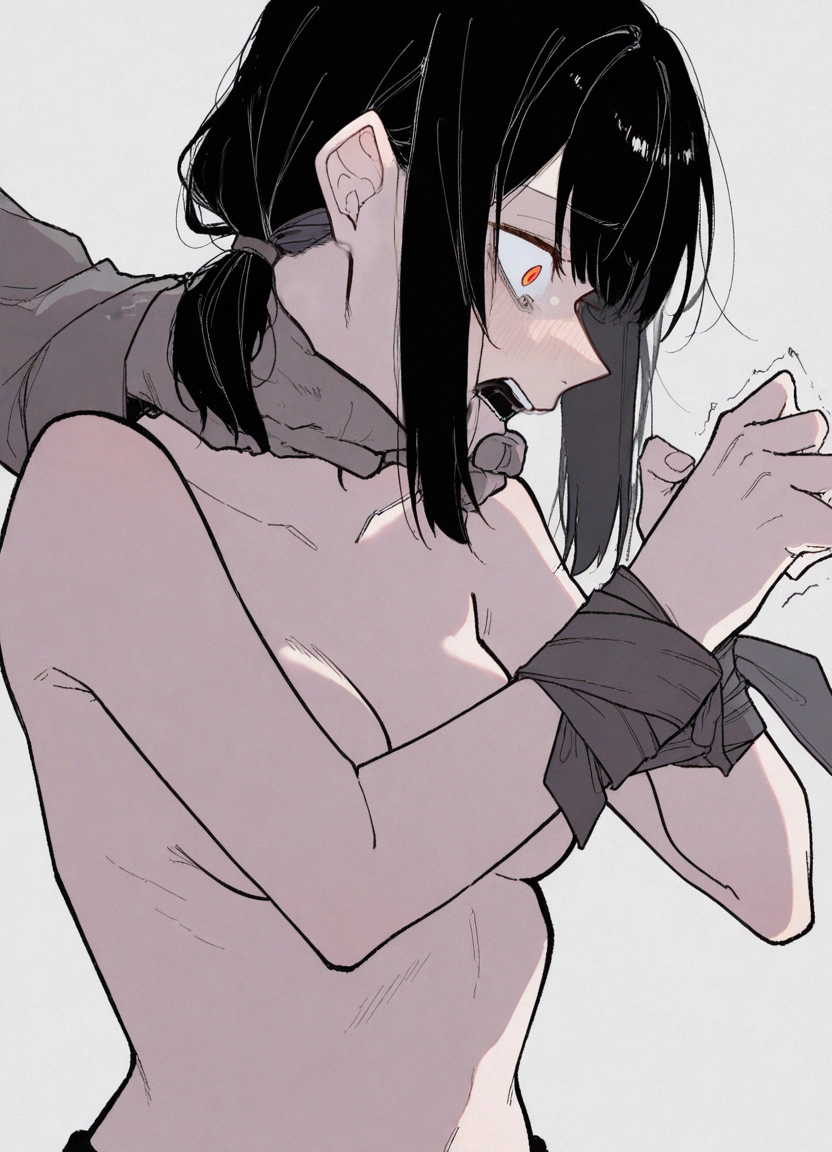 1girl, breasts, black hair, red eyes, topless, open mouth · Yamete.gg