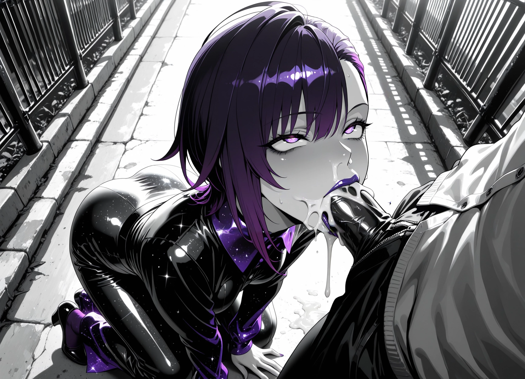 fellatio, oral, penis, 1girl, hetero, purple hair · Yamete.gg