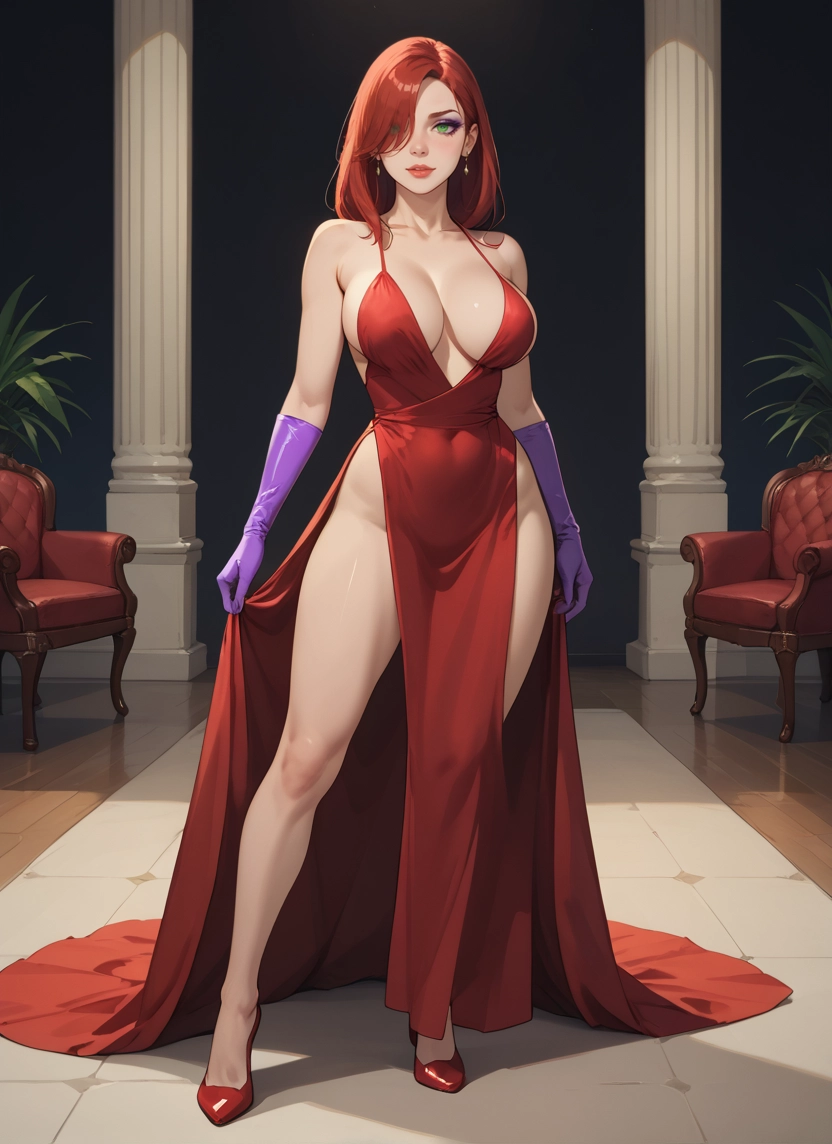 1girl, breasts, dress, gloves, jewelry, green eyes · Yamete.gg