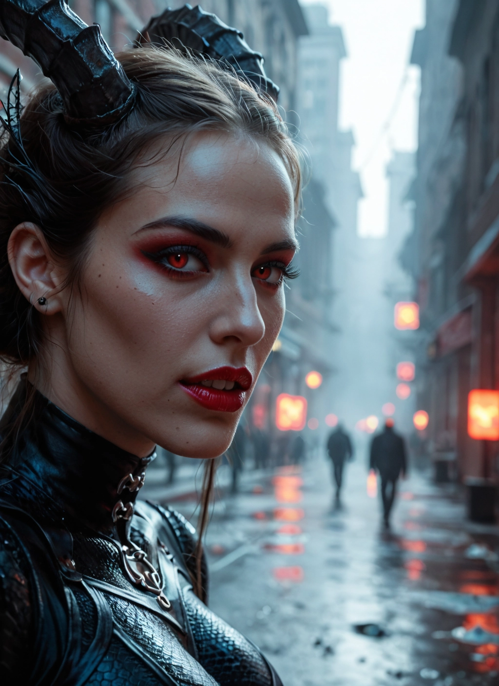 horns, 1girl, jewelry, freckles, earrings, red eyes · Yamete.gg