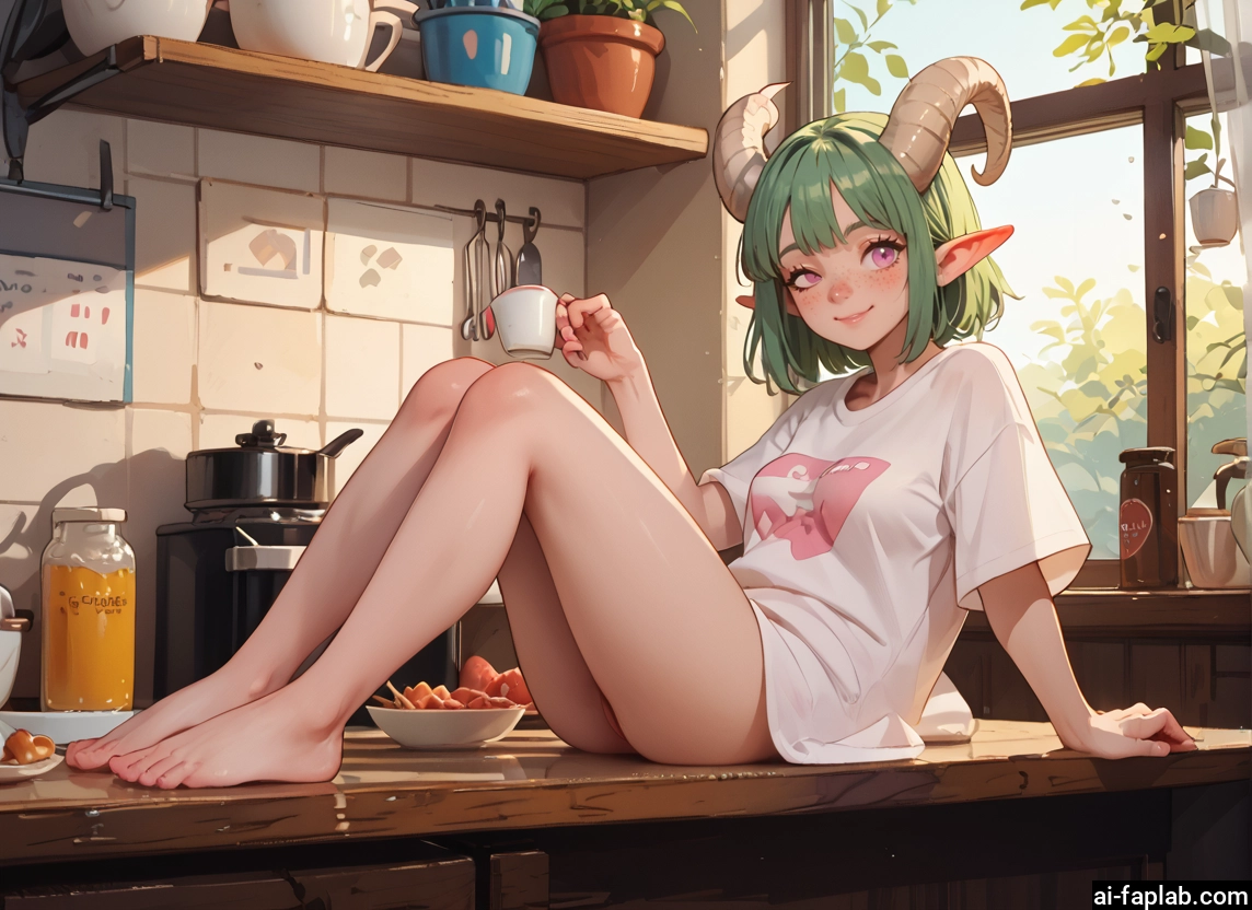 1girl, horns, barefoot, solo, cup, shirt · Yamete.gg