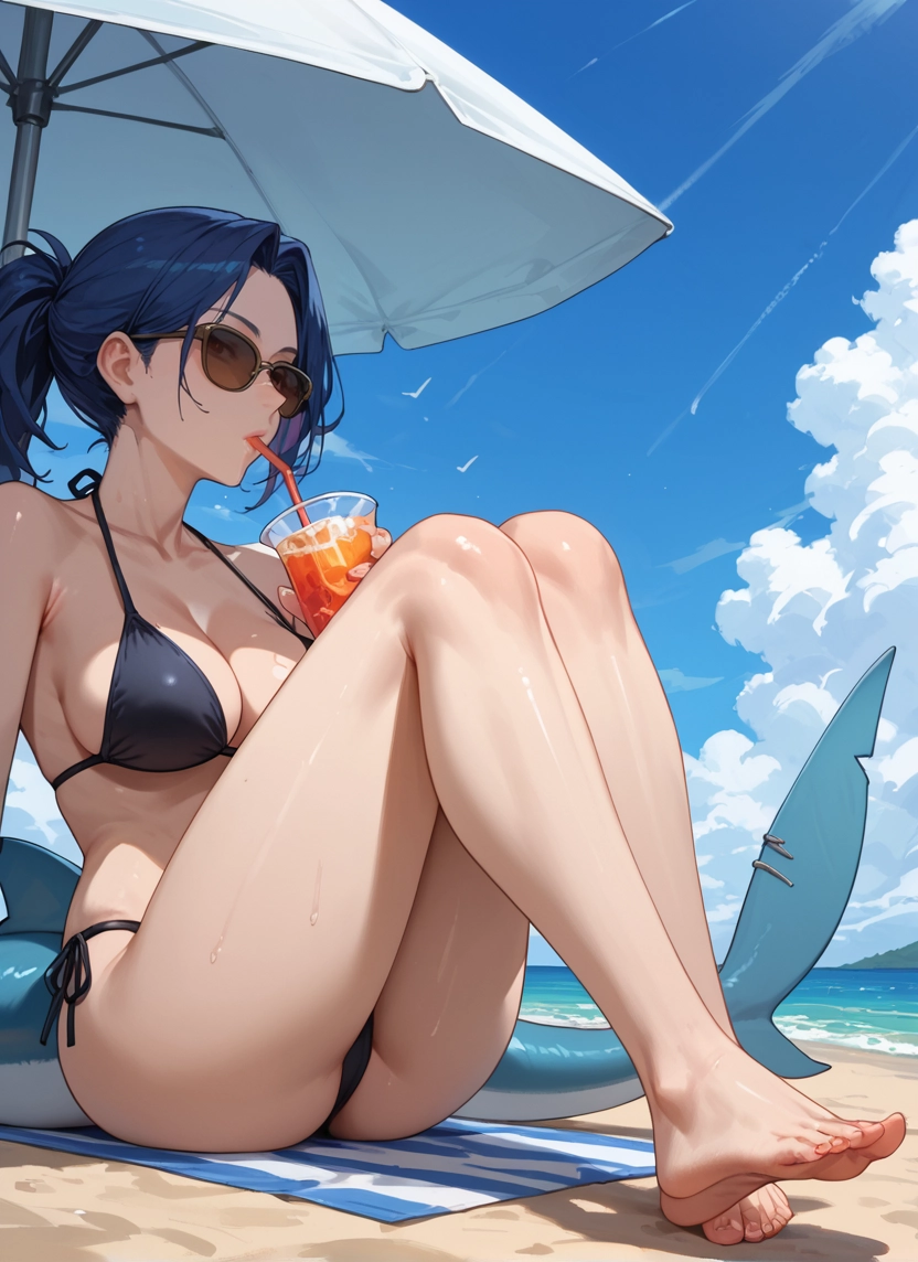 1girl, swimsuit, bikini, breasts, barefoot, sunglasses · Yamete.gg