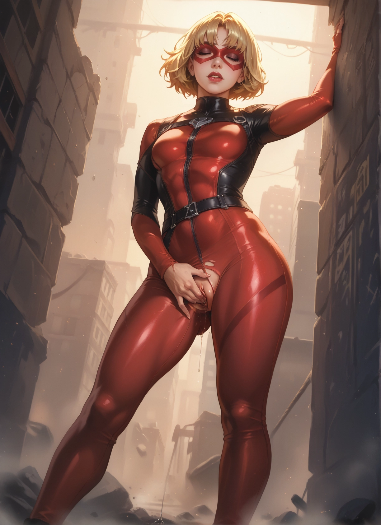 1girl, solo, blonde hair, bodysuit, mask, pussy juice · Yamete.gg
