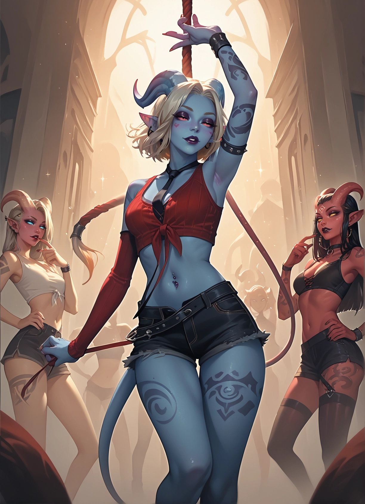 multiple girls, horns, shorts, piercing, navel piercing, colored skin · Yamete.gg