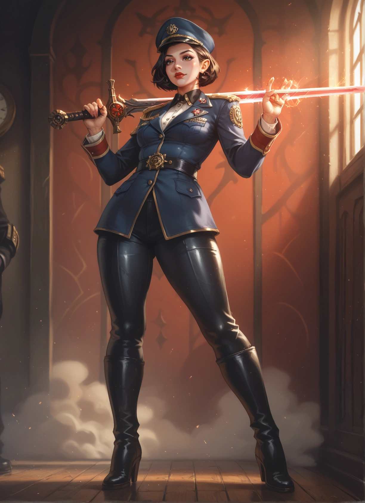 1girl, weapon, sword, uniform, hat, boots · Yamete.gg