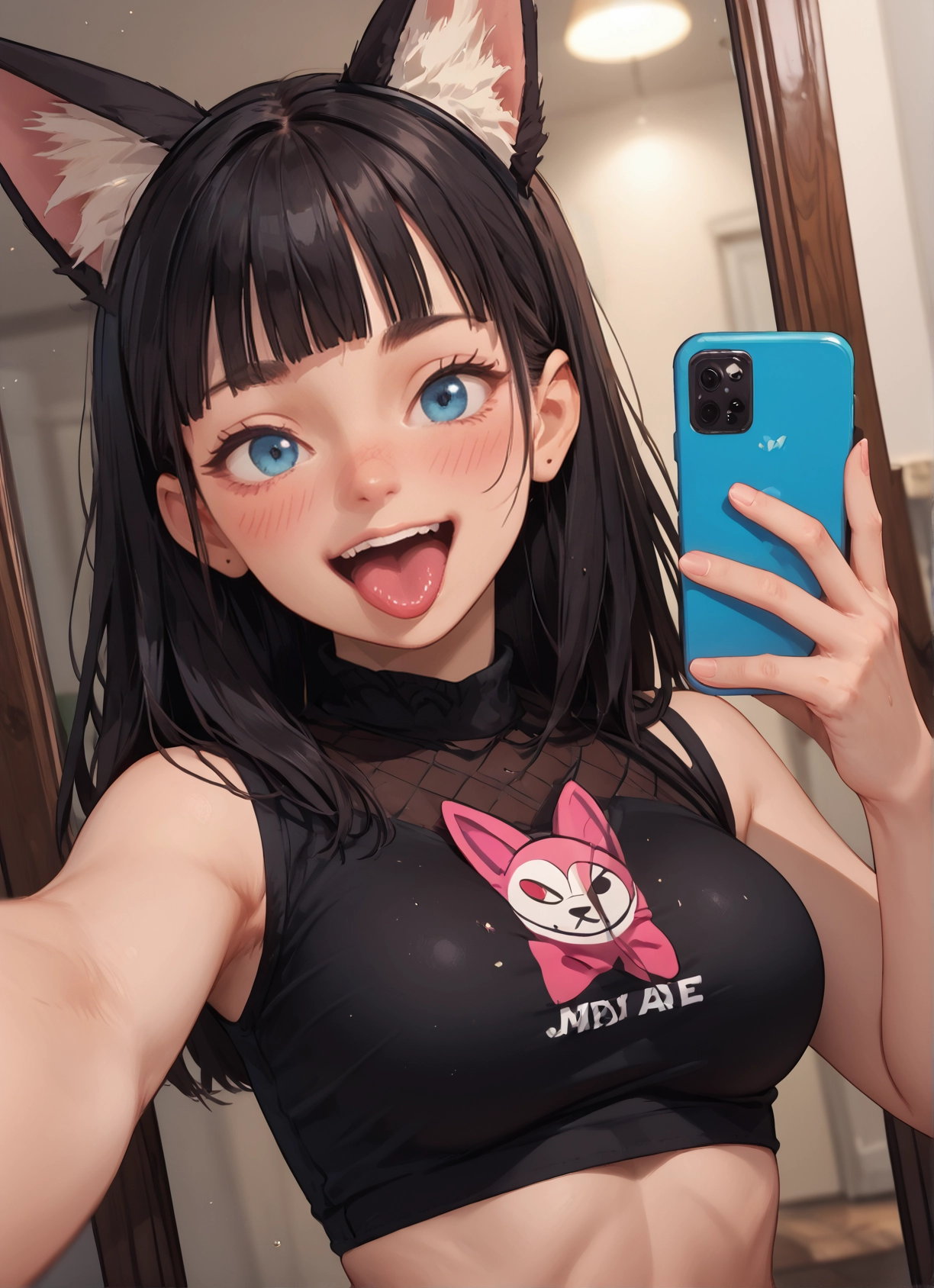 1girl, animal ears, phone, blue eyes, solo, selfie · Yamete.gg