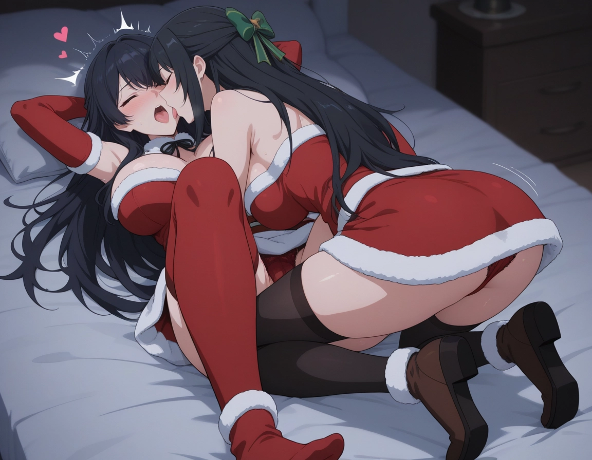 2girls, multiple girls, yuri, black hair, thighhighs, breasts · Yamete.gg