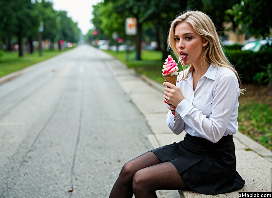 1girl, food, skirt, pantyhose, solo, blonde hair · Yamete.gg