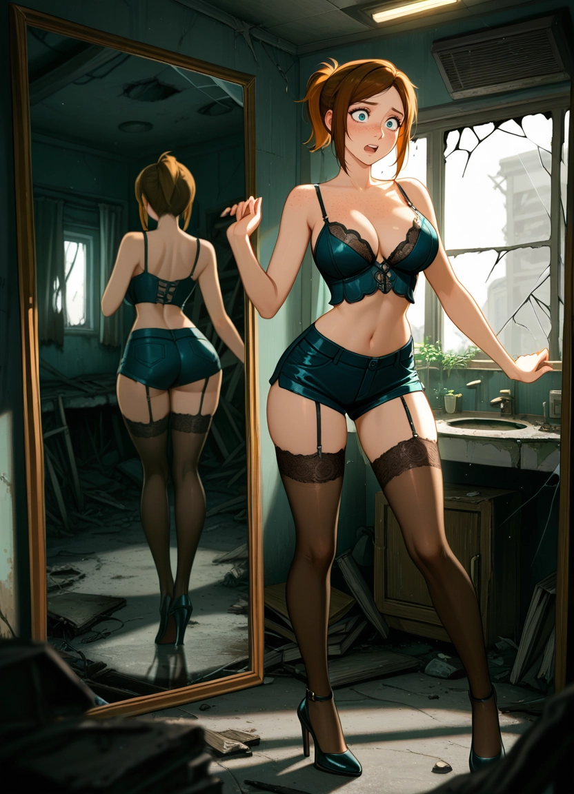 1girl, mirror, reflection, breasts, thighhighs, shorts · Yamete.gg