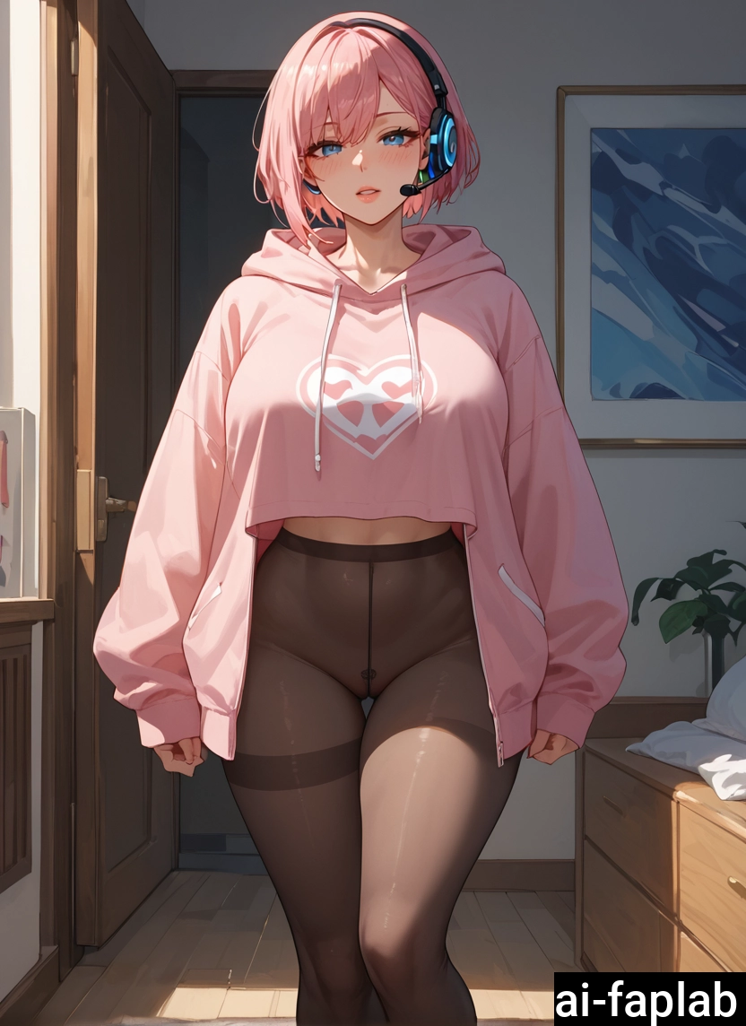1girl, solo, pantyhose, blue eyes, pink hair, hood