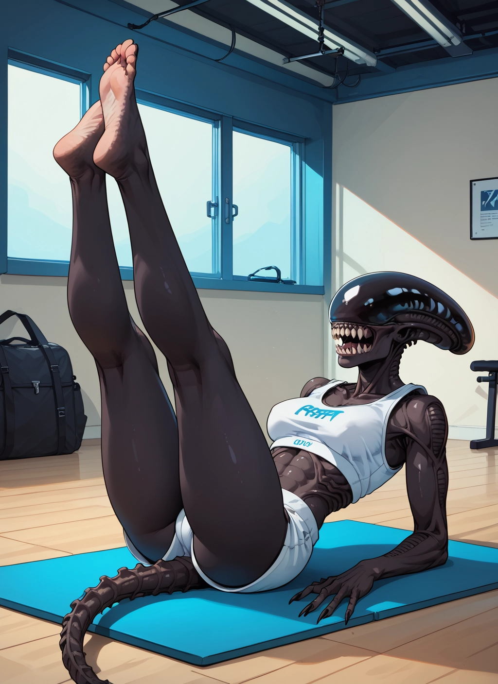 1girl, tail, barefoot, feet, shorts, bag · Yamete.gg