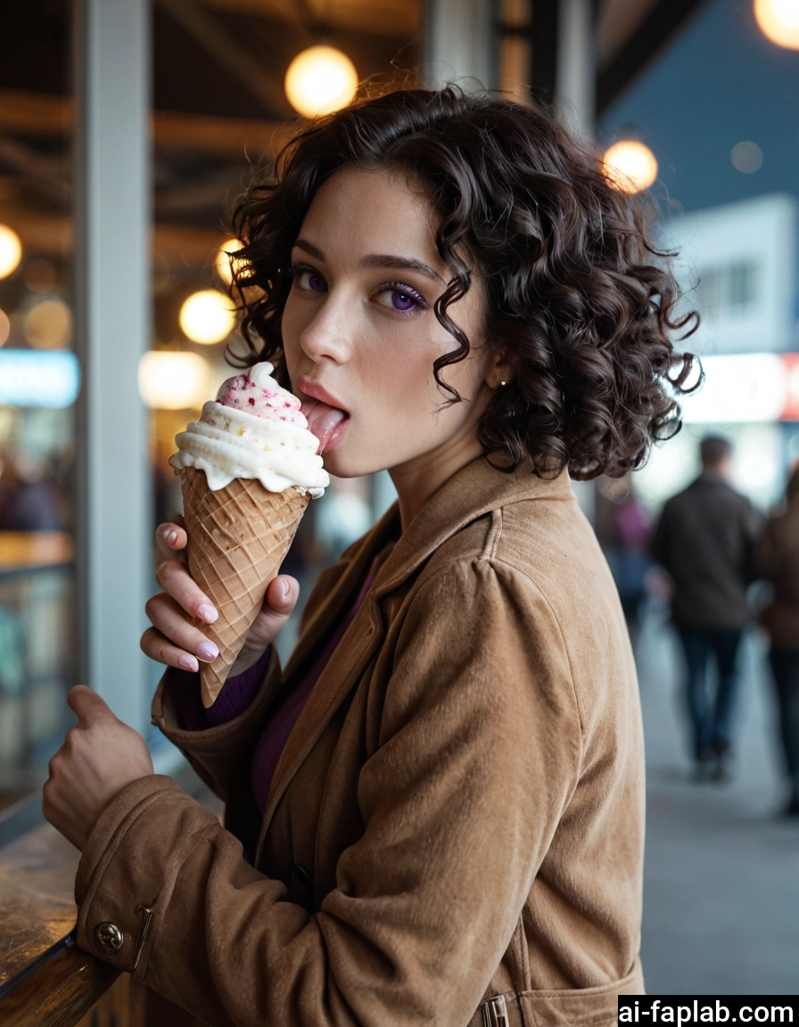 food, 1girl, ice cream, looking at viewer, purple eyes, tongue