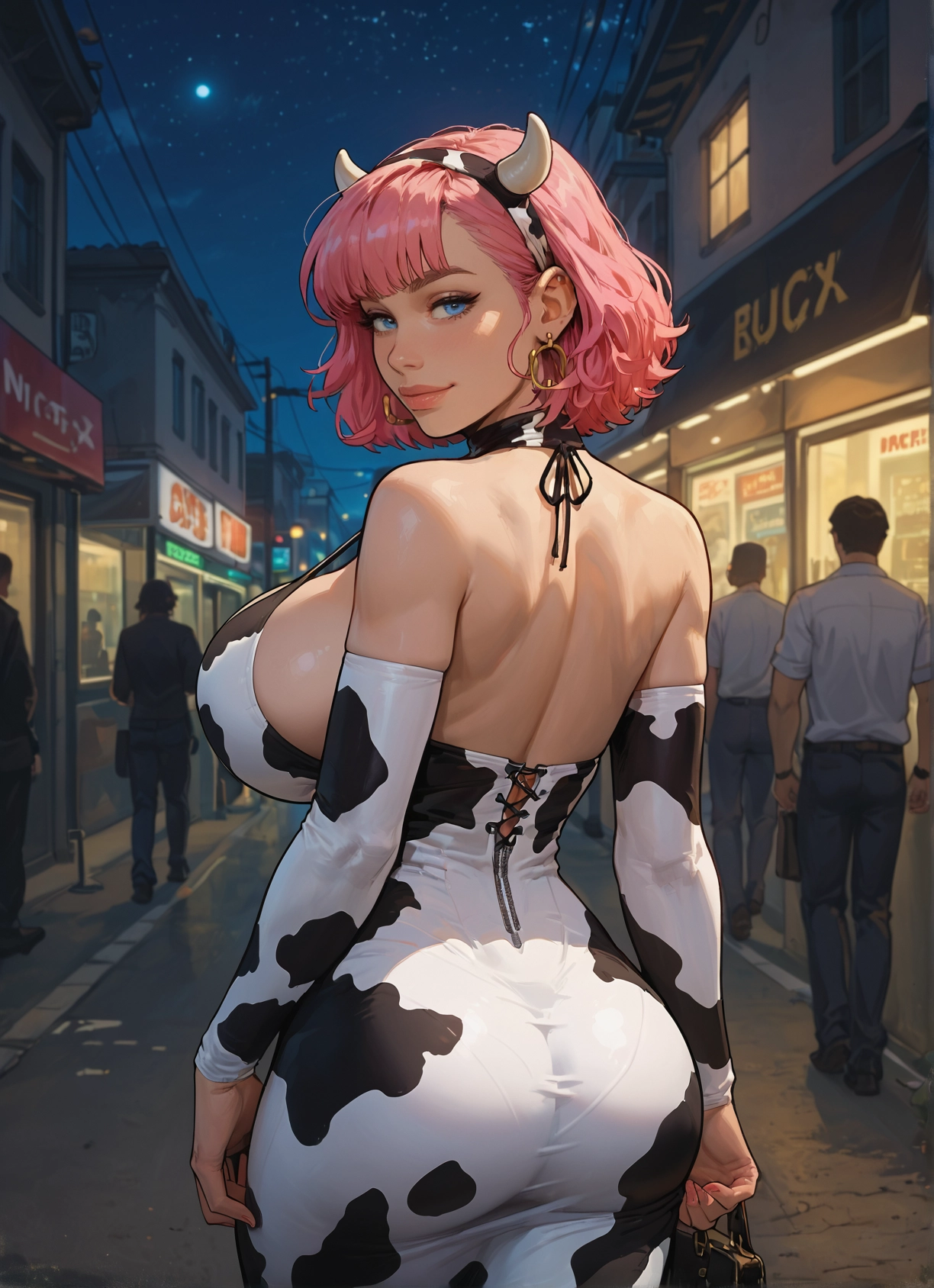 ass, breasts, animal print, cow print, pink hair, 1girl · Yamete.gg