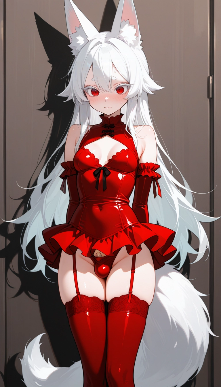1girl, animal ears, solo, red eyes, thighhighs, dress · Yamete.gg