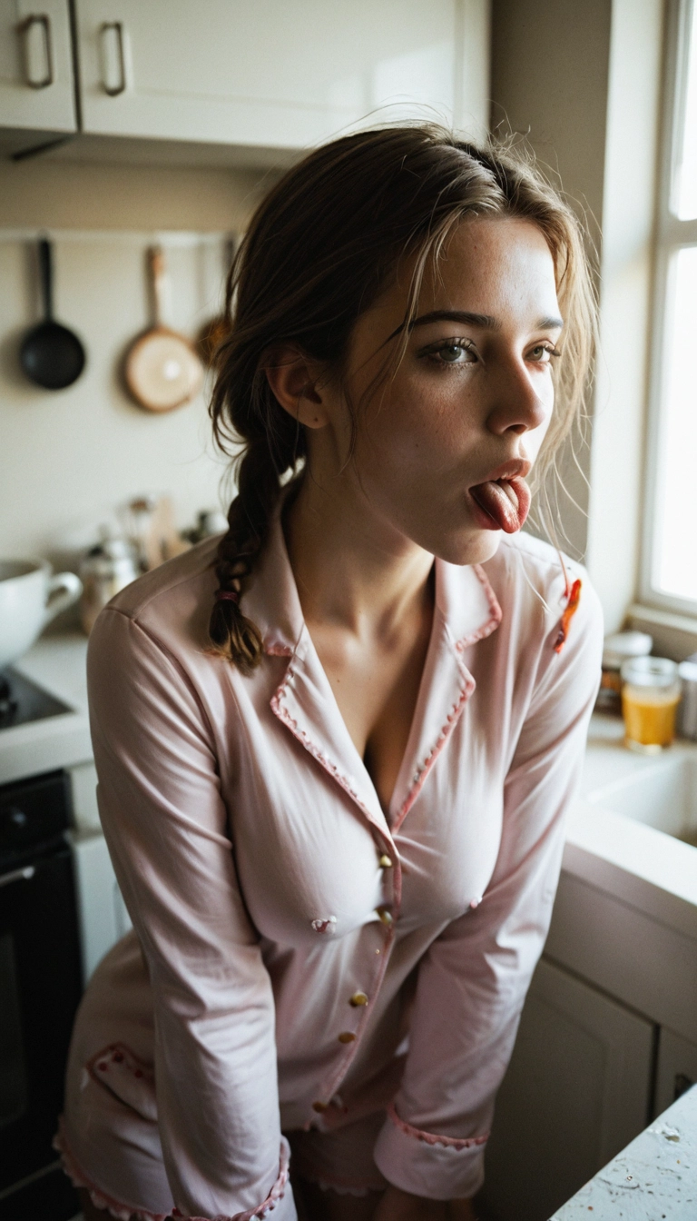 1girl, solo, photo (medium), tongue, pajamas, kitchen · Yamete.gg