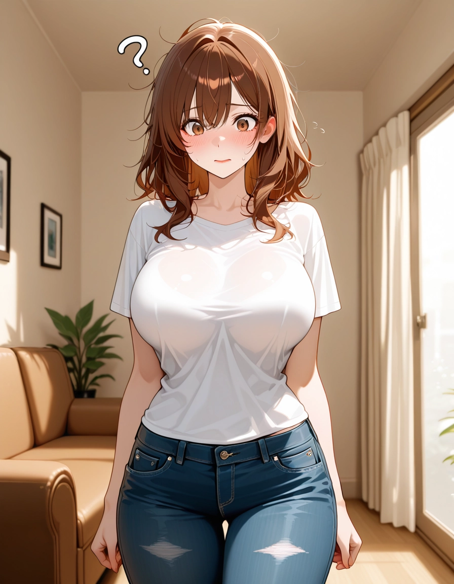 1girl, denim, jeans, pants, breasts, brown hair · Yamete.gg