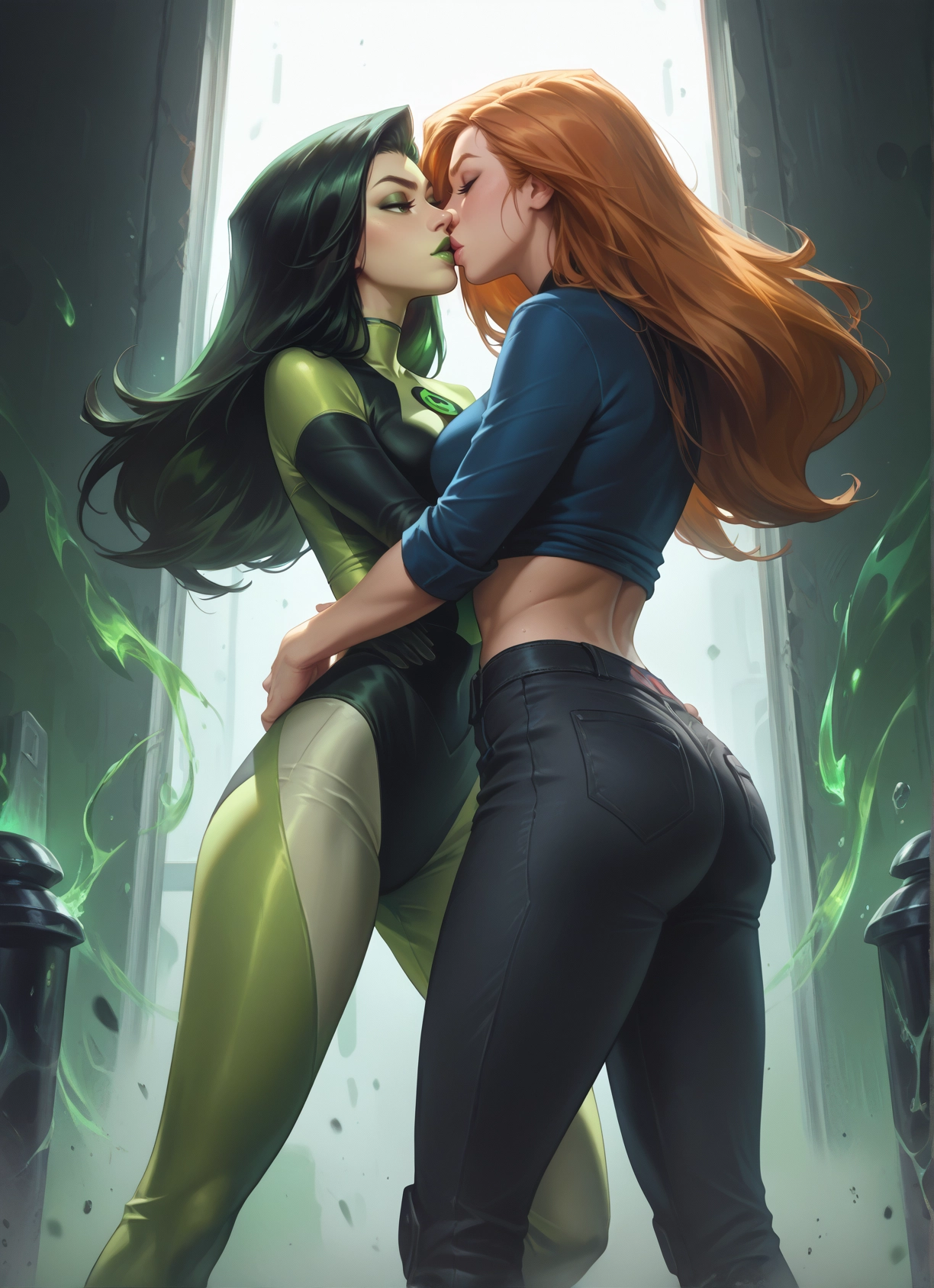 multiple girls, 2girls, yuri, pants, ass, long hair · Yamete.gg
