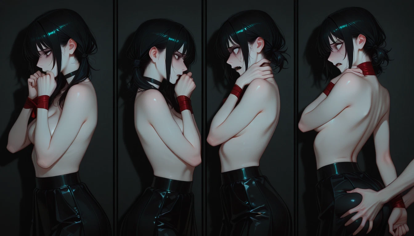 black hair, topless, breasts, blush, pants, black pants