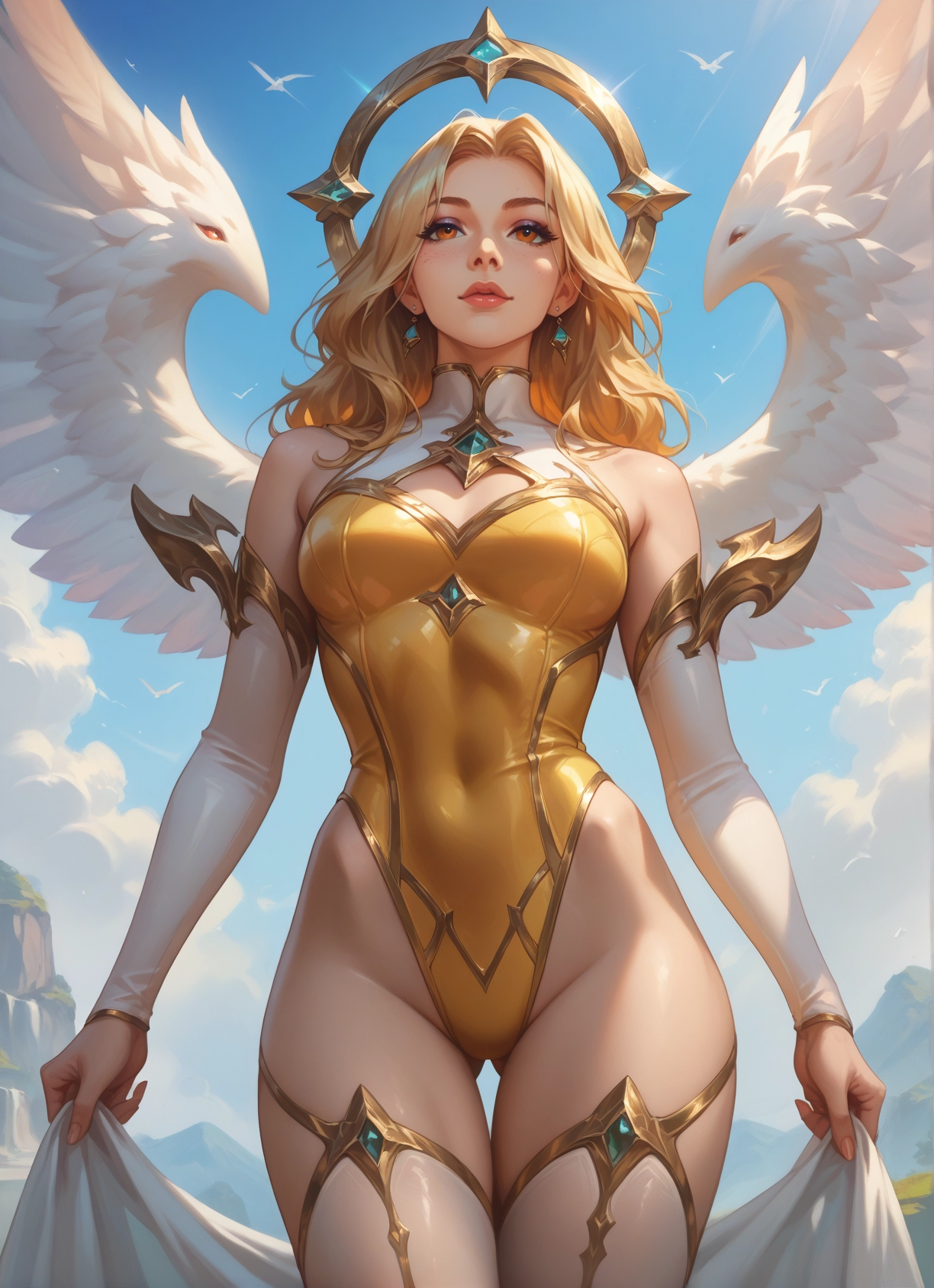 1girl, blonde hair, wings, jewelry, earrings, breasts · Yamete.gg