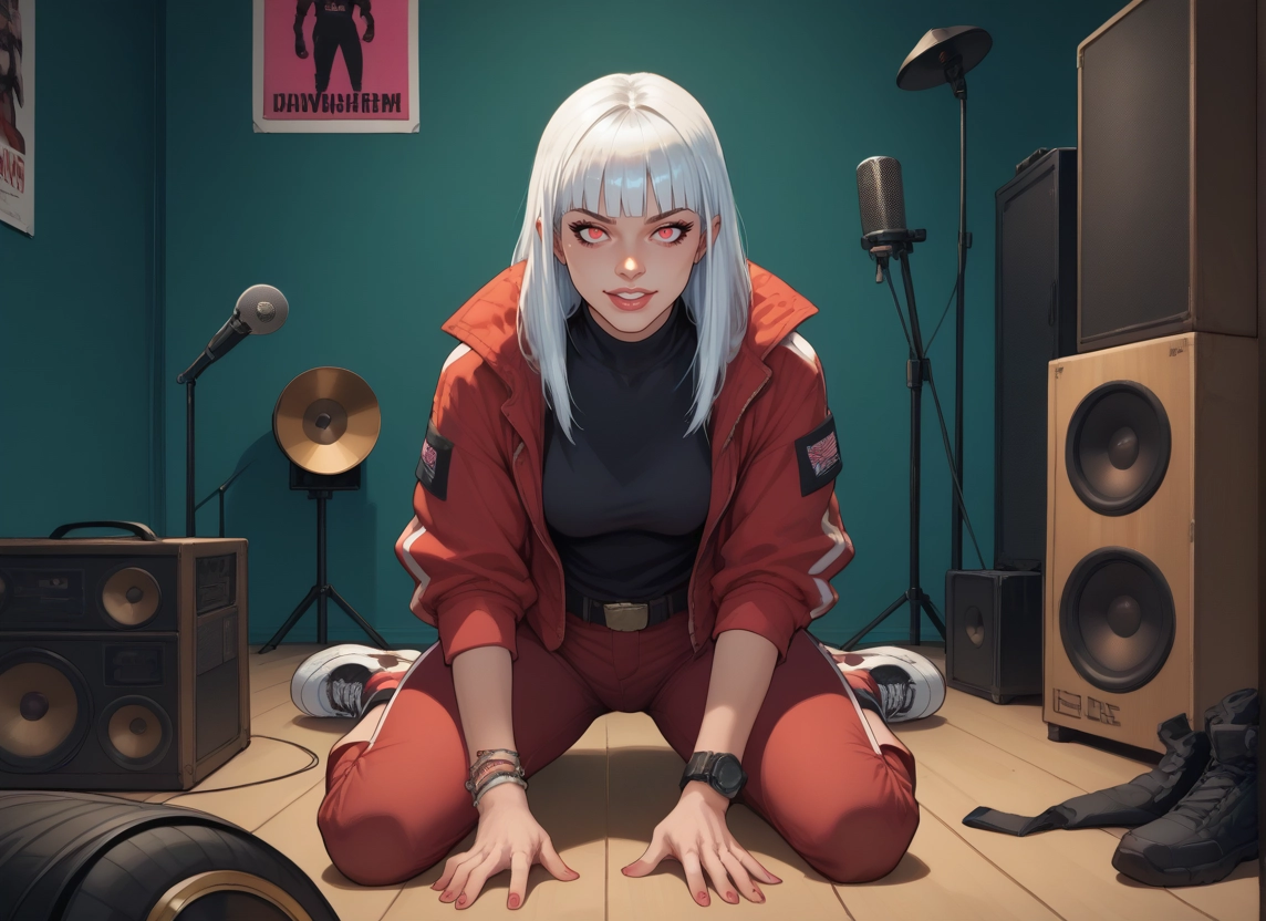 1girl, speaker, solo, red jacket, jacket, jewelry · Yamete.gg