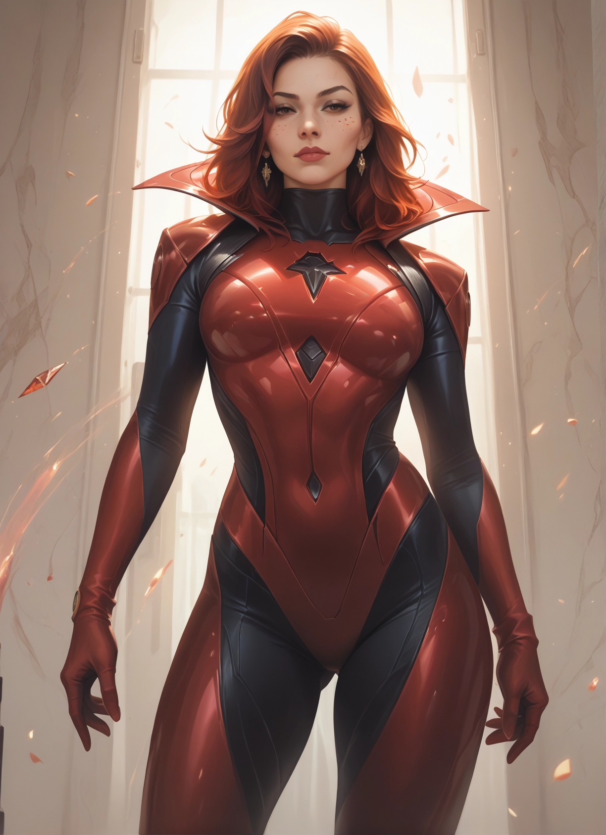1girl, jewelry, bodysuit, freckles, earrings, solo · Yamete.gg