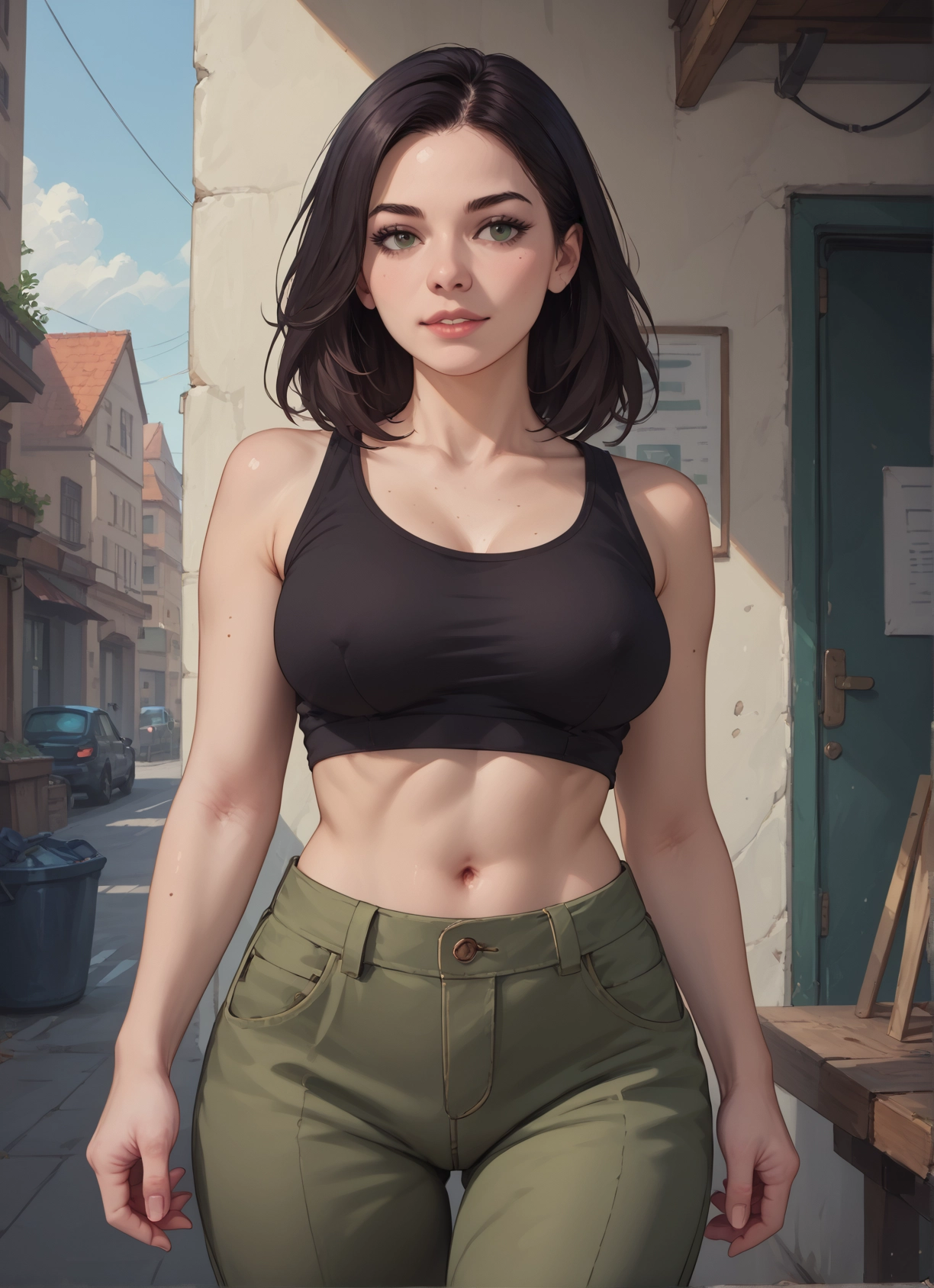 1girl, breasts, navel, pants, solo, motor vehicle · Yamete.gg