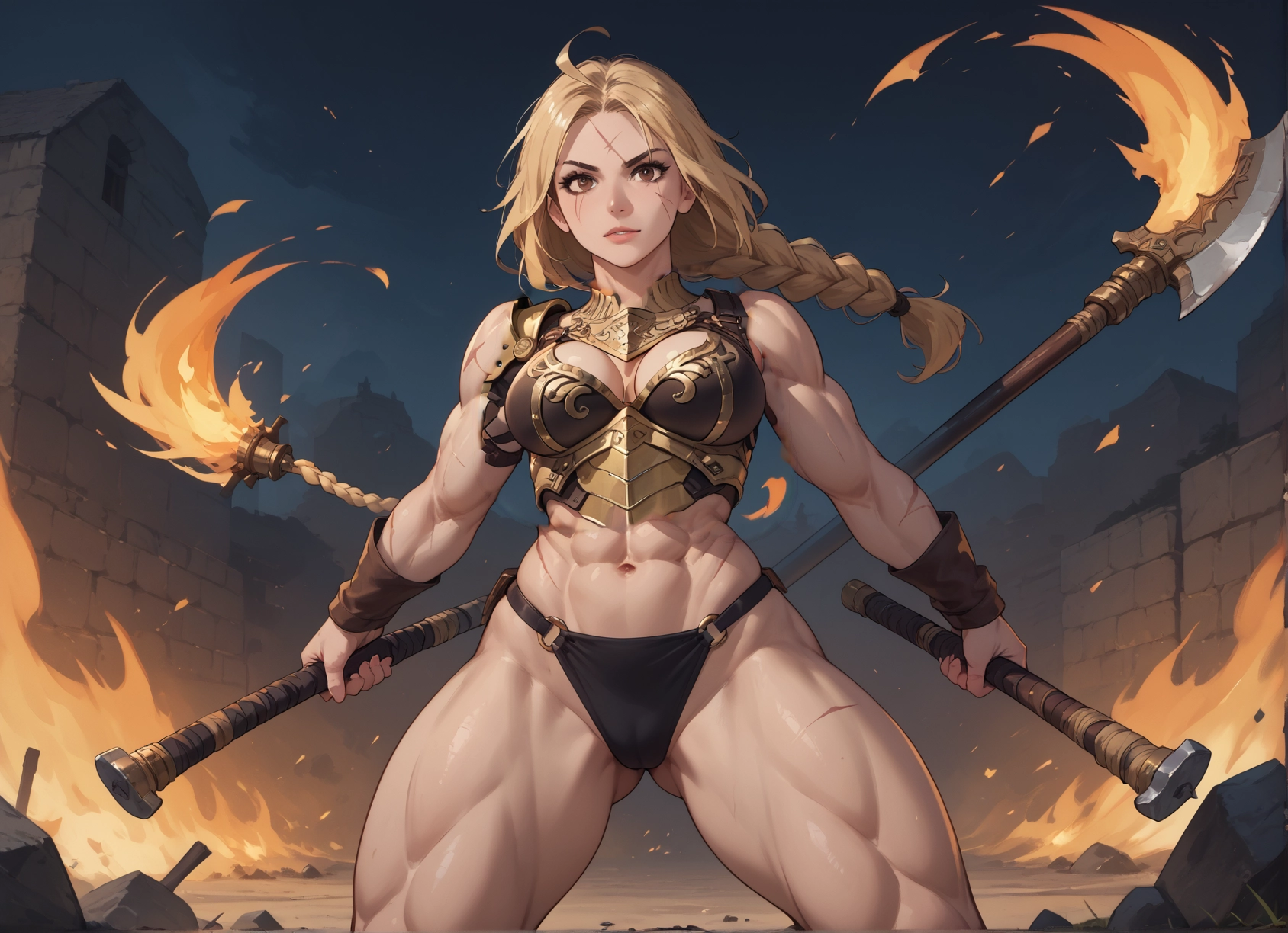 1girl, breasts, muscular, muscular female, braid, weapon · Yamete.gg