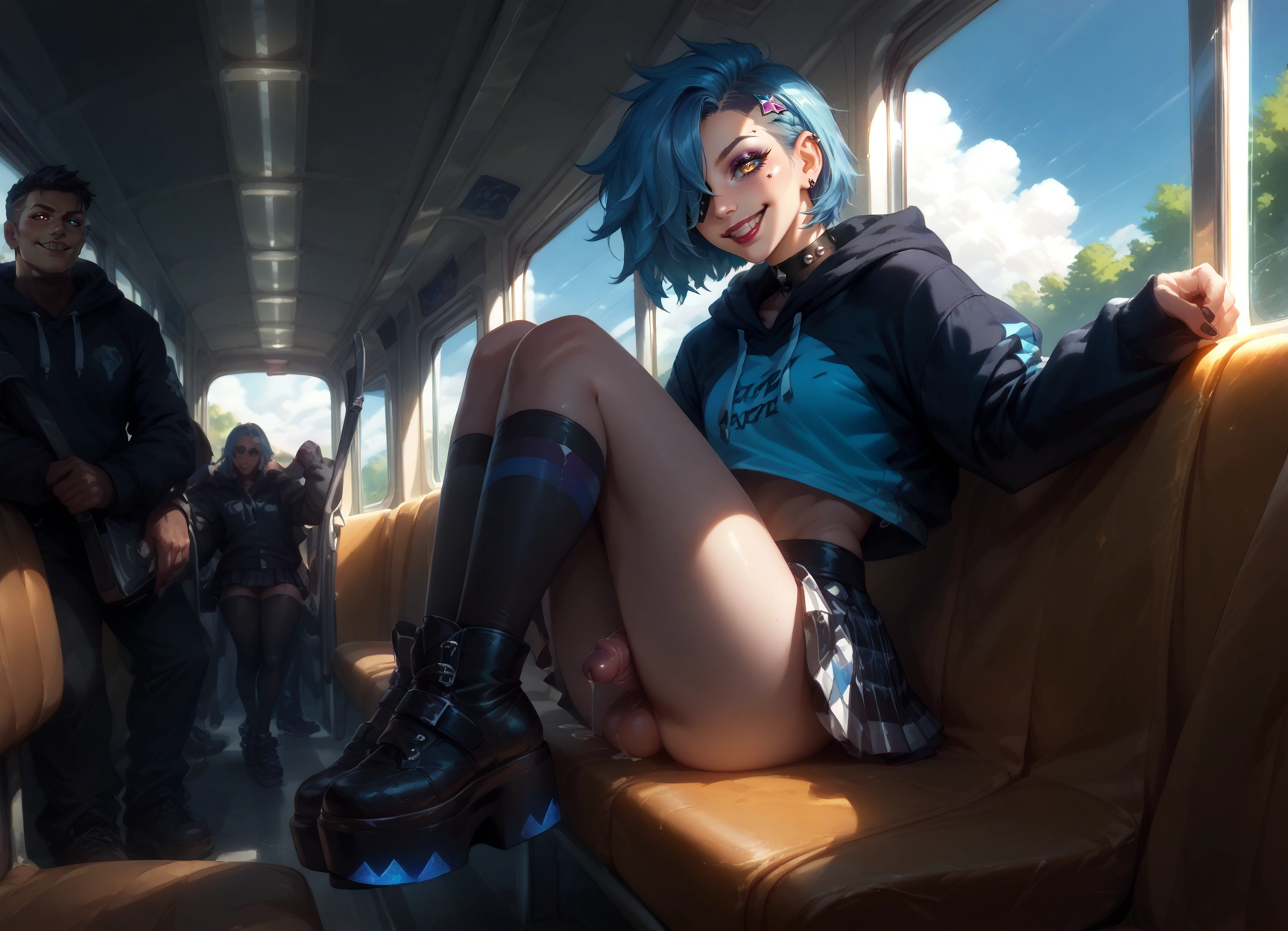 piercing, short hair, hood, sitting, skirt, smile · Yamete.gg