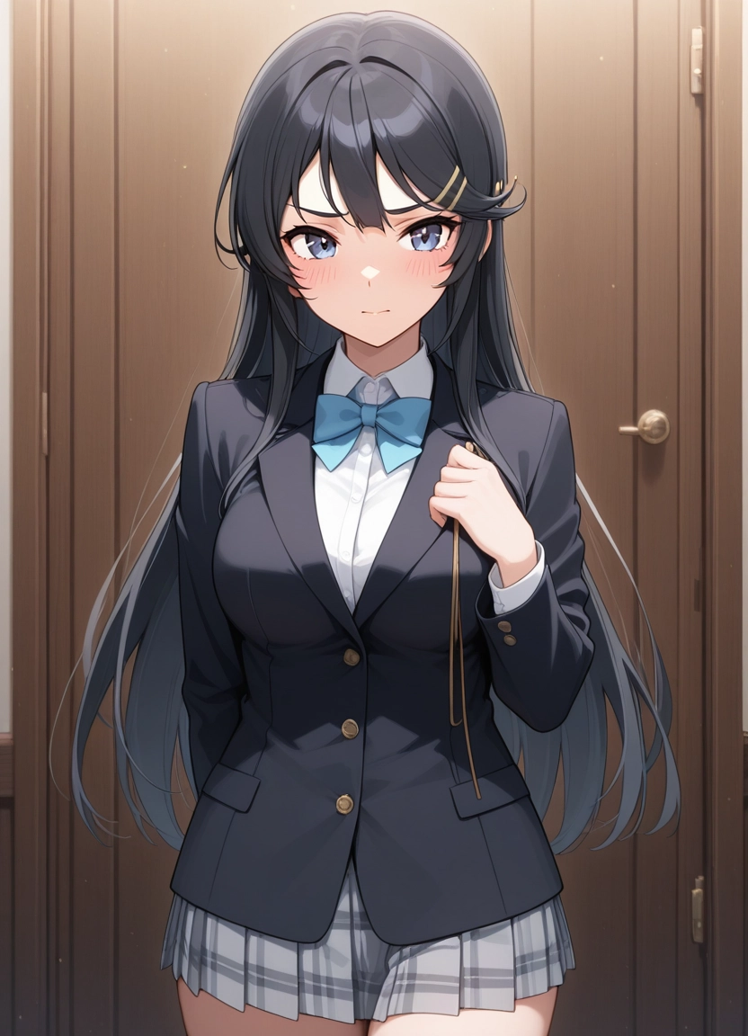 1girl, black hair, solo, long hair, skirt, school uniform