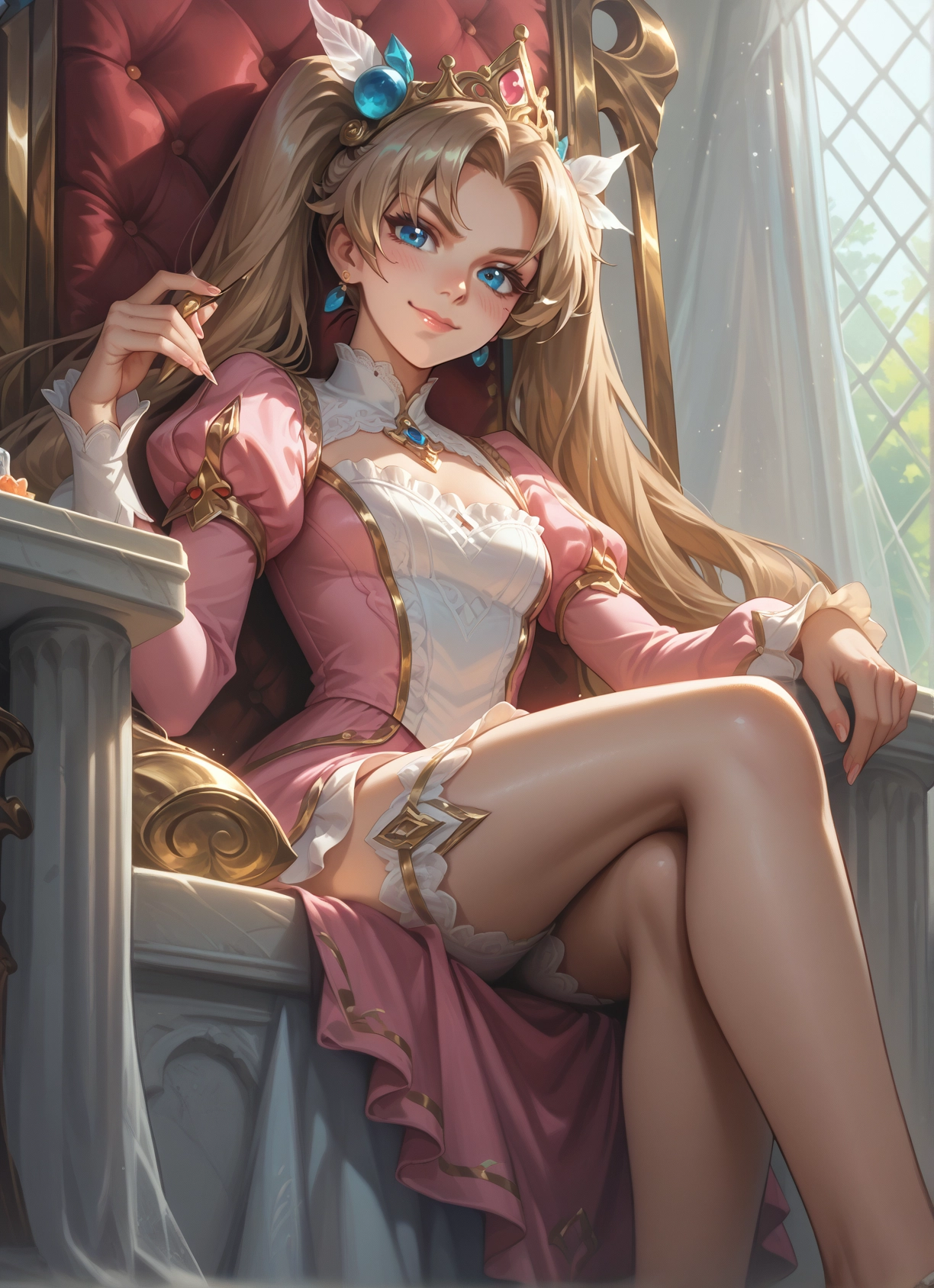 1girl, blue eyes, twintails, sitting, crossed legs, long hair · Yamete.gg