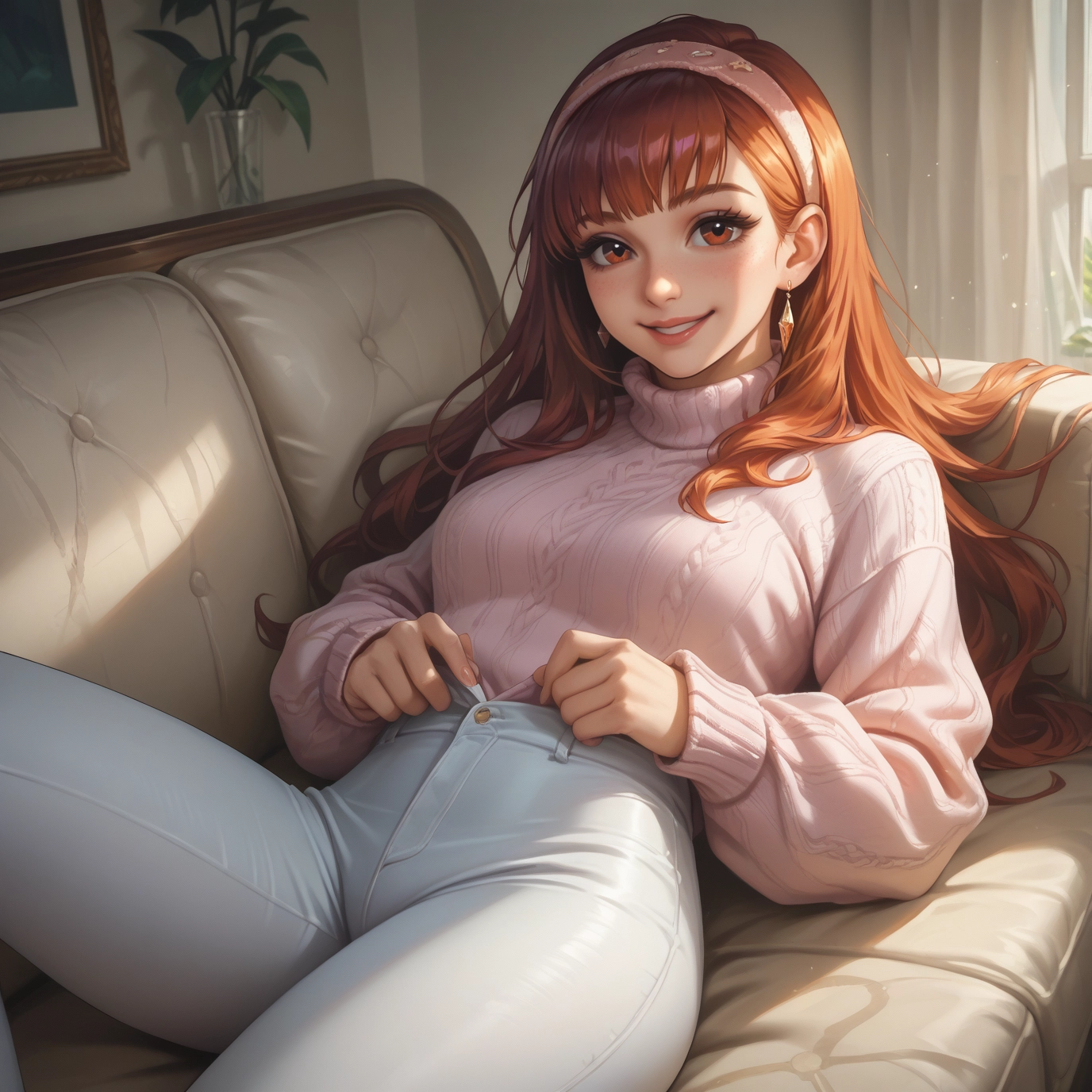 1girl, long hair, sweater, pants, solo, smile · Yamete.gg
