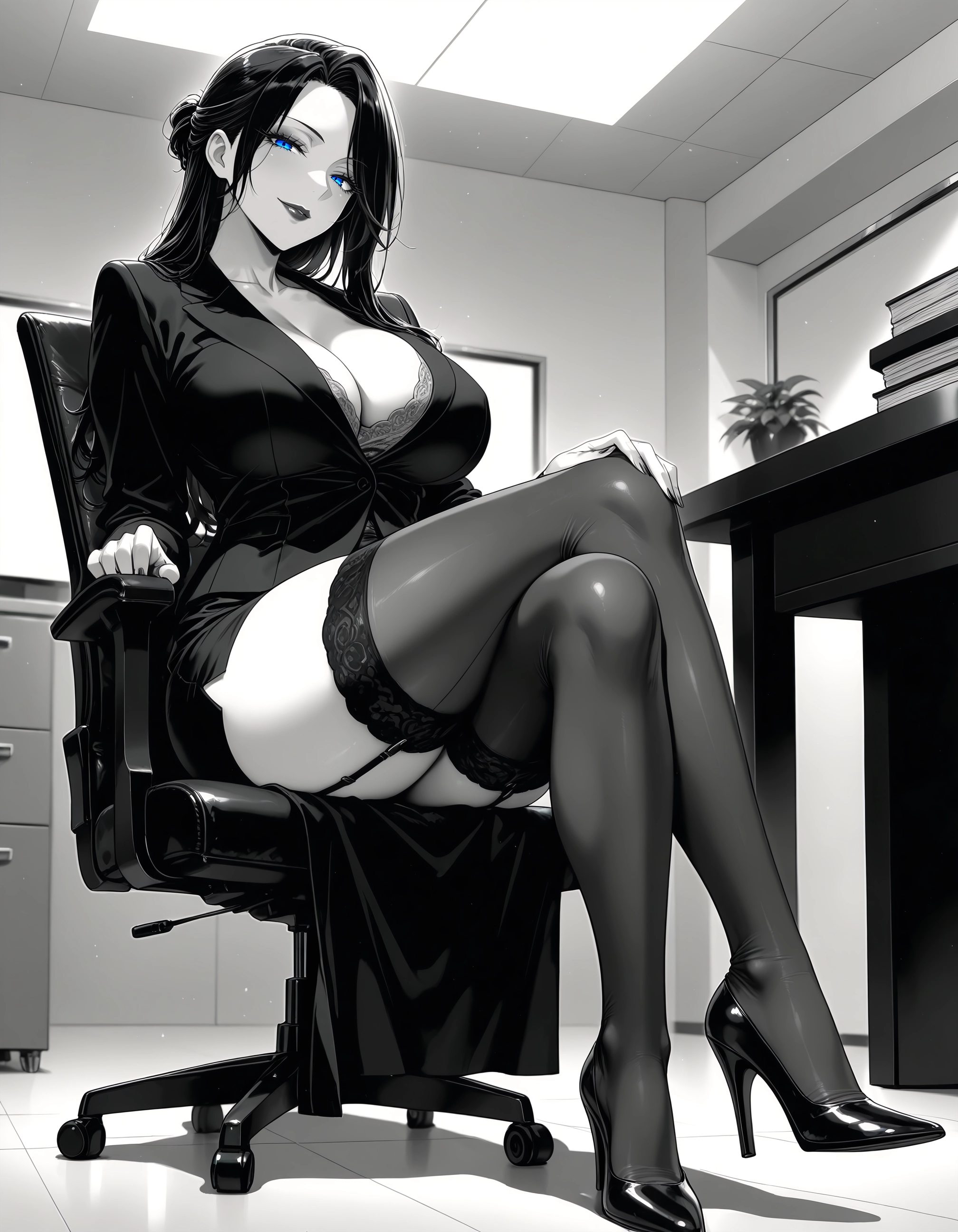 breasts, 1girl, thighhighs, high heels, sitting, blue eyes · Yamete.gg