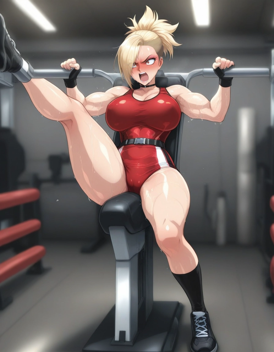 1girl, breasts, blonde hair, sweat, fingerless gloves, gloves · Yamete.gg