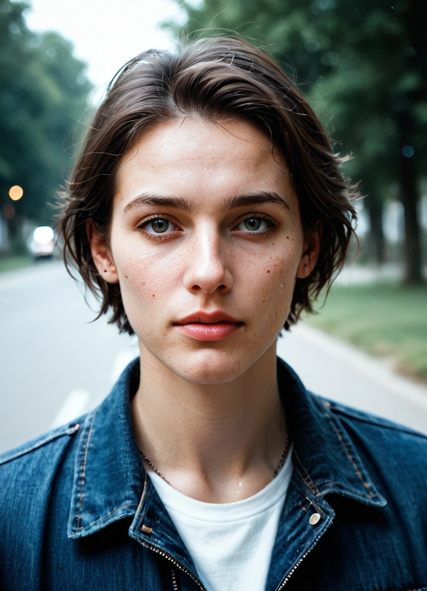 solo, realistic, blurry background, denim jacket, blurry, photorealistic · Yamete.gg