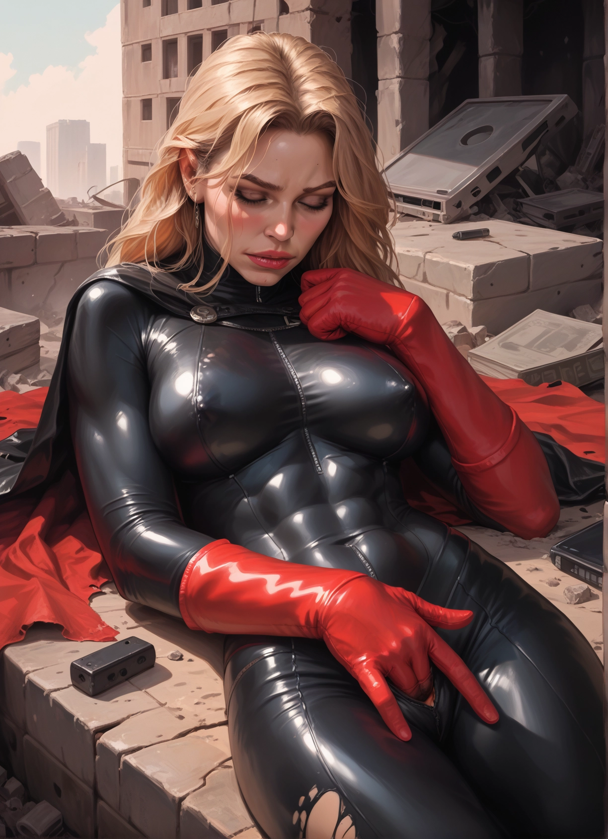 1girl, bodysuit, blonde hair, breasts, solo, cape · Yamete.gg